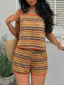 Women's Vintage Wave Knit Two-Piece Set, Vacation Style Halter Top & High Waist Shorts, Casual Chic for Summer
