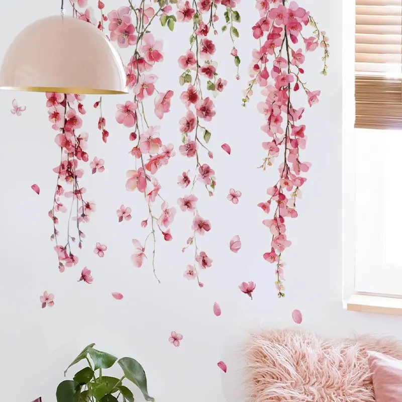 Large Sakura Vine Wall Sticker Peel and Stick Floral Art Vinyl Decal Decorative Flower Design for Living Room Bedroom Kindergarten Flower Decoration Decorative Stickers Floral Pattern Sticker