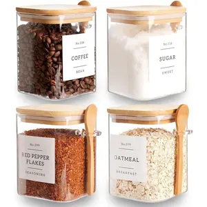 Set of 4 Square Glass Jar with   and Spoons - Airtight 27 oz Borosilicate Glass  Storage Contaienrs with 132 Kitchen Pantry Labels for Coffee, , Sugar