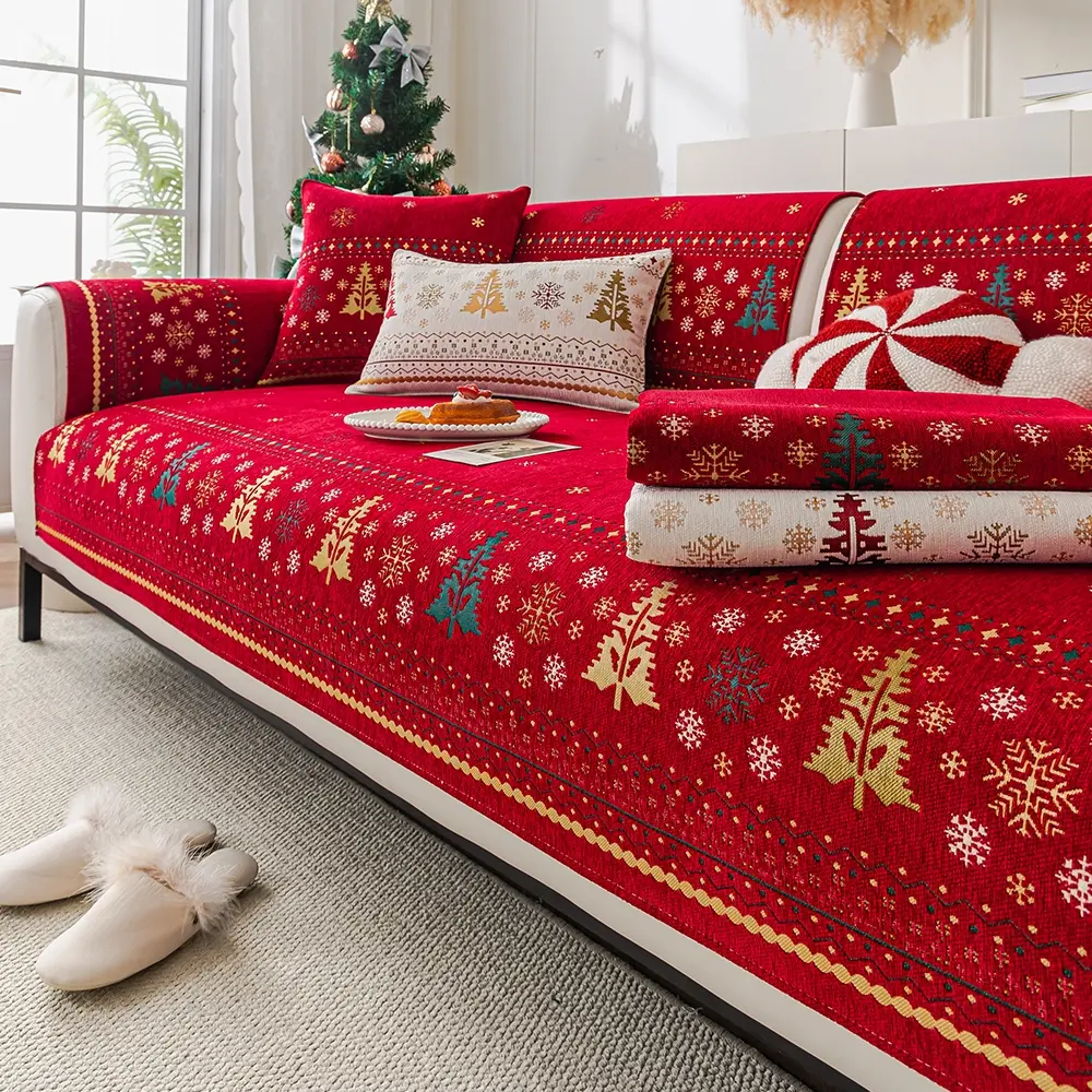 Christmas Tree Pattern Sofa Cushion, Non-Slip Snowflake Design, Pet-Friendly, Durable, Fits 1-4 Seater Sofas, Holiday Decorations, Washable Sofa Slipcover