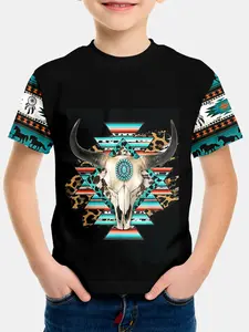 Boys Girls Western Style Cow Skull Short Sleeve Tee, Vintage Casual Round Neck Top, Slim Fit Summer Wear, All Ages Children Clothing