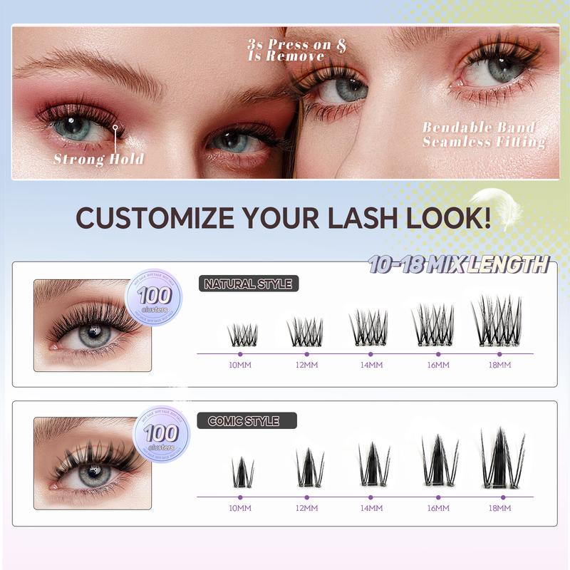 Maxfull Glueless Lashes Bendable Invisible Band Super Strong Hold Lash Clusters Kit 10-18mm DIY Self Adhesive All‑Day Hold Eyelashes Extensions Kit D Curl Anime&Natural Dual Style Fluffy Wispy Pre-Glued Eyelash Beginner-Friendly Press‑On & Easy Remove