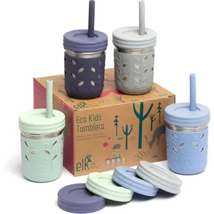 Stainless Steel Cups| 10 oz Mason Jar design| Kids & Toddler Cups with Silicone Sleeves & Straws with Stopper| Smoothie Cups Bottles Drinkware