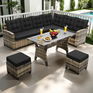 6 Piece Outdoor Patio Furniture Set, Sectional Sofa with Dining Table & Chairs, All Weather Wicker Set with Ottoman, Cozy Outdoor Lounge, Modern Backyard Decor, Durable Black Cushions, Patio Must-Have