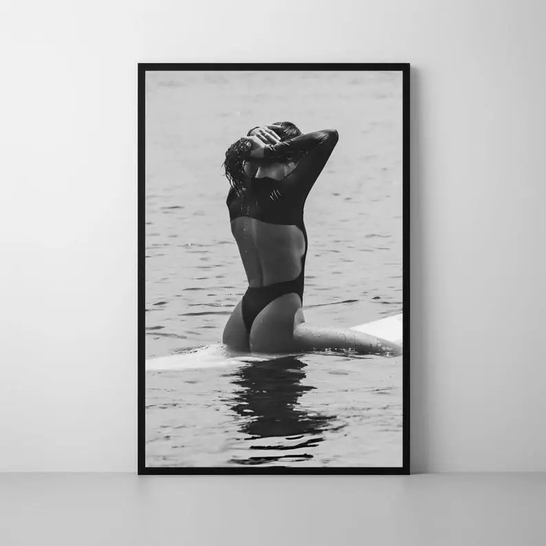 Minimalist Surf Girl Photography Print Black and White Coastal Art