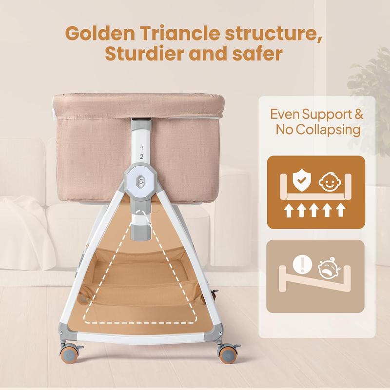 JOYMOR Baby Bassinet with Changing Table, Bedside Bassinet for Baby with Comfy Mattress and Wheels, 6 Height Adjustable Easy Folding Portable Bedside Crib for Newborn (Beige)