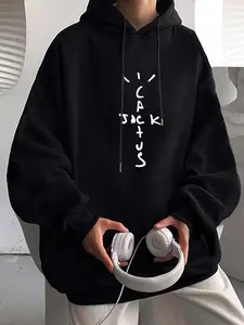 Men's Letter Print Drawstring Pocket Drop Shoulder Hoodie, Loose Fashion Street Soft Comfy Hooded Long Sleeve Pullover for Daily Outdoor Sport, Men's Clothes for Fall & Winter