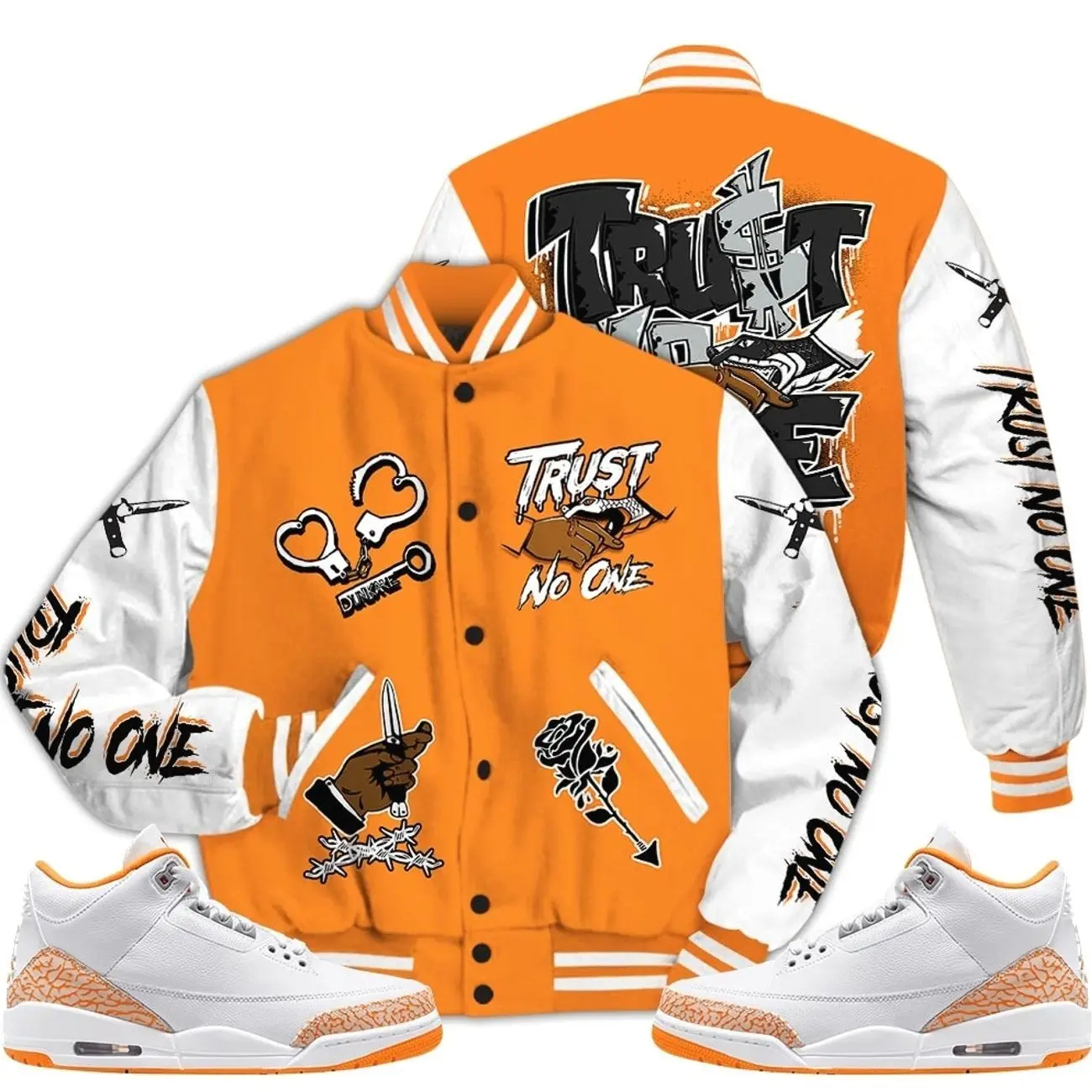 3 White Orange Peel Varsity Jacket, Orange Citrus 3s Outfit, Trust No One Drip Shirts To Match Sneaker Streetwear