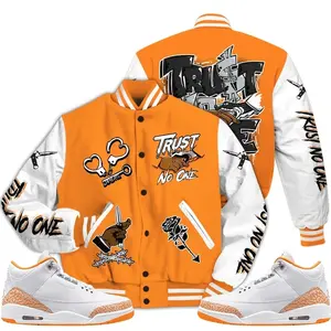 3 White Orange Peel Varsity Jacket, Orange Citrus 3s Outfit, Trust No One Drip Shirts To Match Sneaker Streetwear