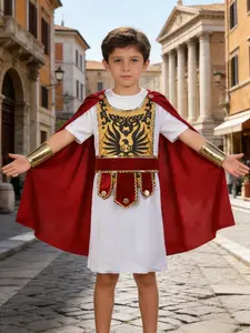 Boy Roman Caesar Costume Set, Robe, Gold Eagle Armor, Cape, Gold Bracers, Decorative Belt, Perfect for Halloween Cosplay