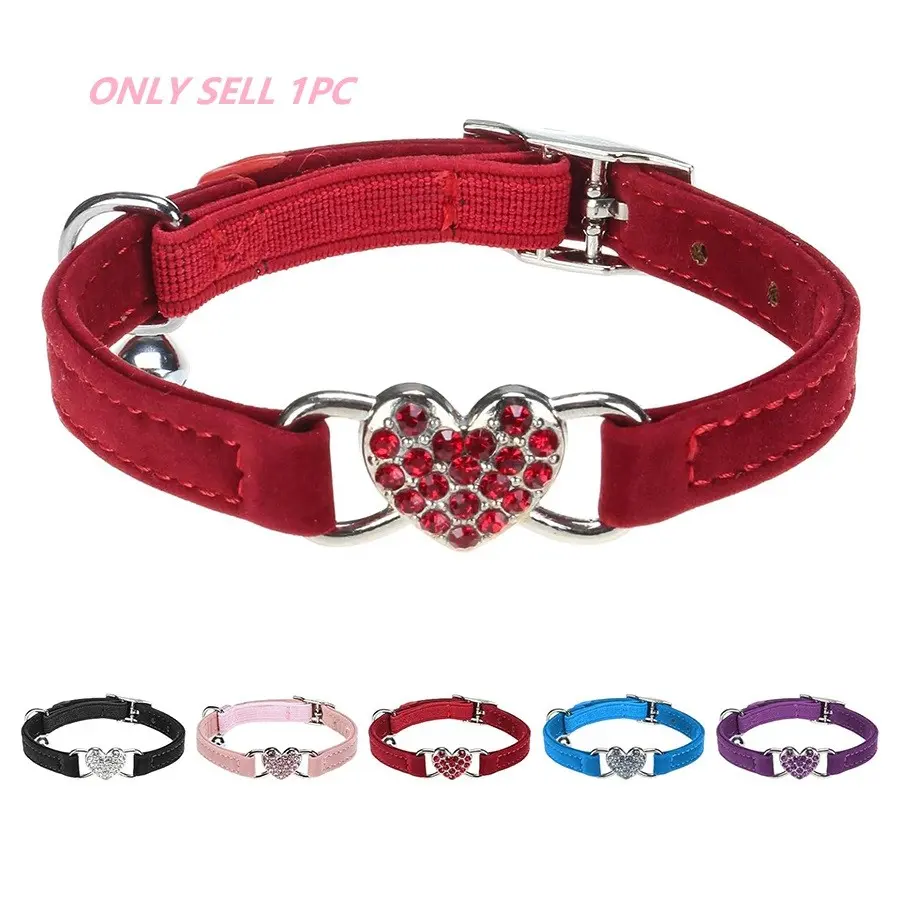 Cute Heart-Shaped Rhinestone Cat Collar Adjustable Collars with Safety Elastic Band and Bell, Adjustable 8-10 Inches, Suitable for Small Cats, Pet Accessories