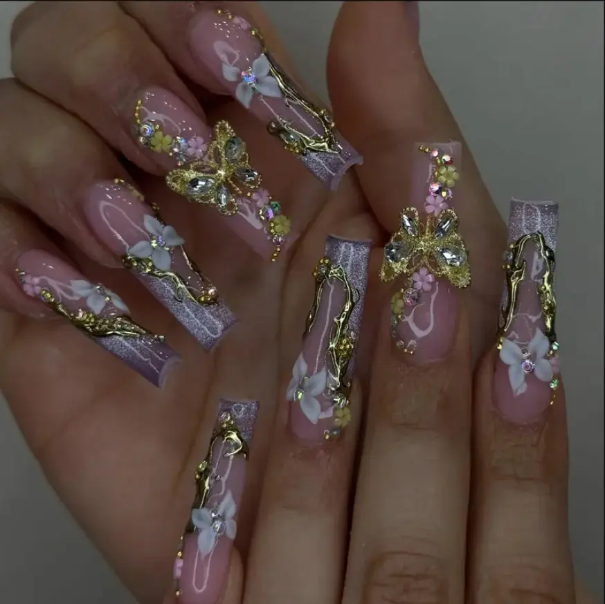 Handmade Garden Bloom Press On Nails Set 3D Floral Nails with Gold Butterfly Art Luxury Gif For Her On Birthday, Party, Wedding Day
