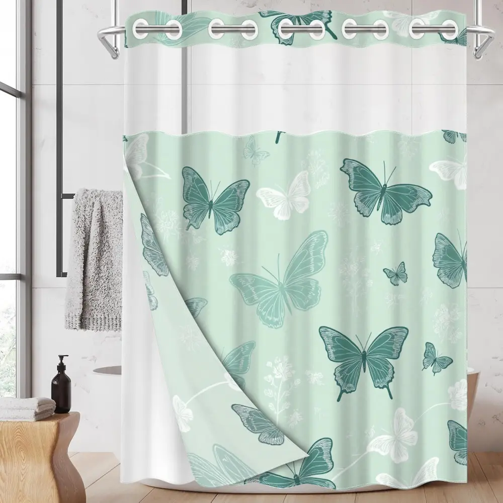 1pc hookless shower curtain with buckle lining, spring blue and white butterfly pattern design, 2D flat printing, fabric waterproof lining, see-through double-layer shower curtain, 71 x 74 inches, modern home draping curtain, Bathroom Curtain