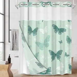 1pc hookless shower curtain with buckle lining, spring blue and white butterfly pattern design, 2D flat printing, fabric waterproof lining, see-through double-layer shower curtain, 71 x 74 inches, modern home draping curtain.