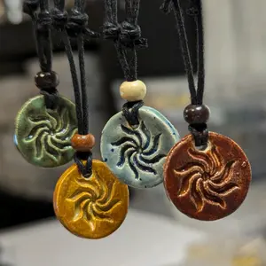 Handmade Ceramic Pendant Swirl Spiral Green Orange Boho Hippie Whimsical Adjustable Black Rope Cord Choker Stacking Necklace jewelry