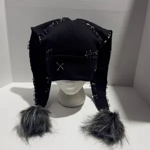 Jester Beanie with Pom Pom and Pins - Black Knit Hat with Unique Pins and Fluffy Poms for Stylish Warmth