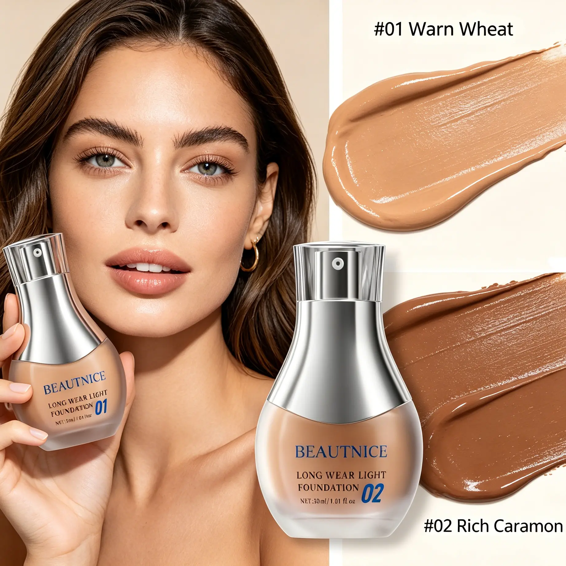Weightless Liquid Foundation - Sun-Kissed Bronze Glow, 8H Comfort, Ultra-Fine Powder Finish, Smooth Application, 2 Shades (#01 Warm Wheat, #02 Rich Caramel) for Outdoor Summer Beauty Makeup