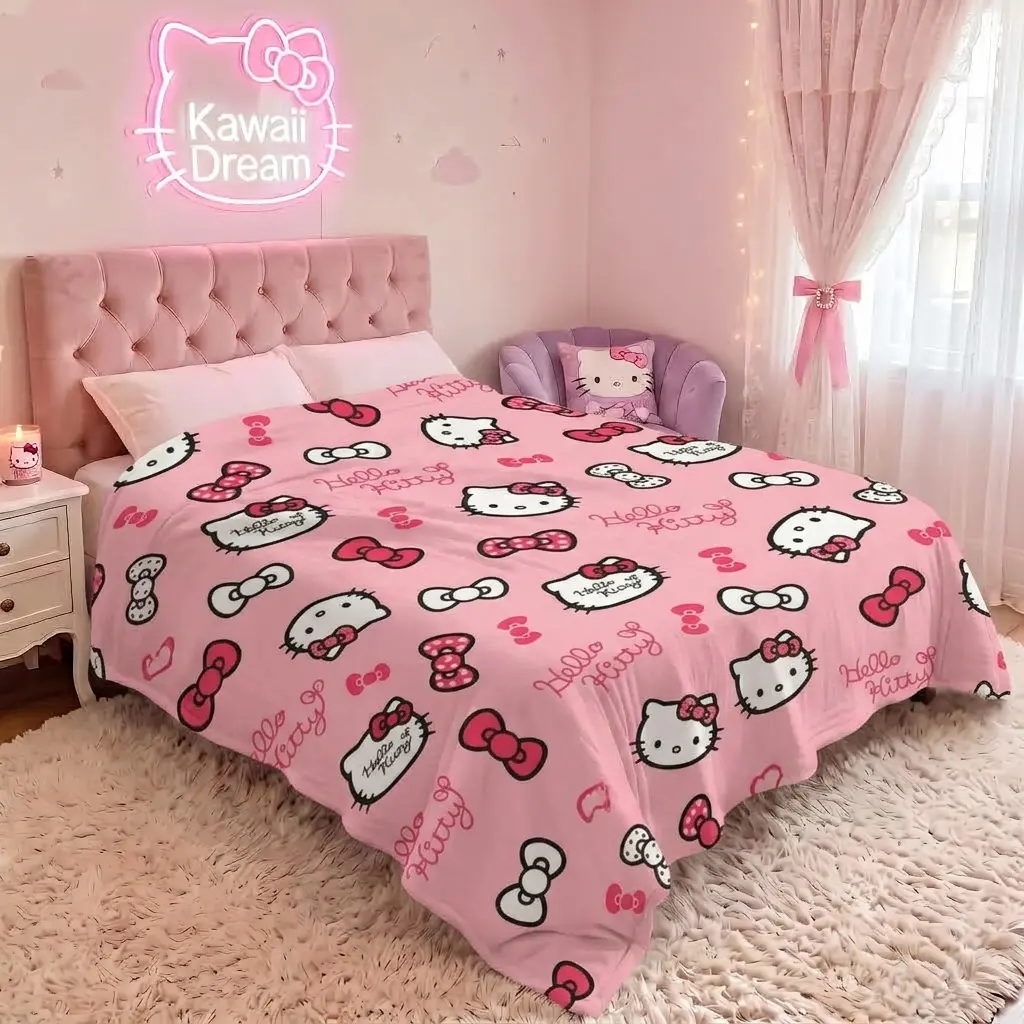 Sanrio Hello Kitty Super Soft Fluffy Fleece Throw Blanket - Classic Bow, Polka Dot, Kitty Faces, Kawaii Design, Breathable Bedding Essential, Comfy Vibes, Cozy Aesthetic Blankets for Bed, Reading Nook Decor