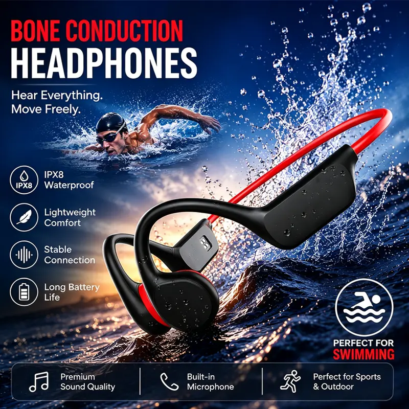 PLEIVO Bone Conduction Swimming Headphones, Open-Ear Bluetooth Wireless Sports Earphones with Secure Fit, Lightweight Headset for Swimming, Running, Cycling, Gym Workouts, Hiking, Travel and Daily Exercise, Men and Women, Outdoor Use.