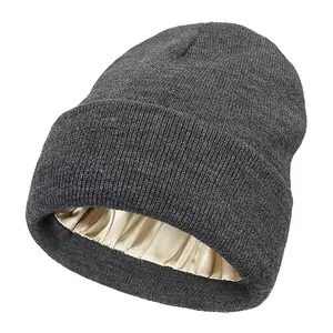 Satin Lined Beanie Hats for Men Women Soft Warm Winter Hat Loose Beanie Hats knit beanie unisex hat Solid Color Knit Beanie Hat Soft Dome Cap Beanies