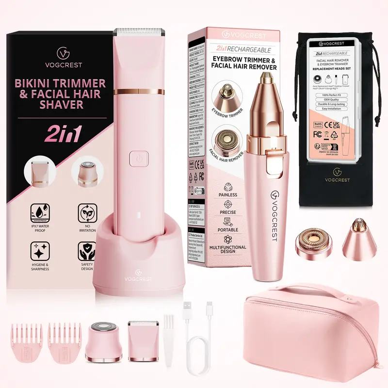 VG VOGCREST Women's 2-in-1 Cordless Hair Trimmer - Ceramic Electric Razor, Showerproof Body Trimmer, IPX7 Waterproof ABS Grooming Kit, Rechargeable 2in1 Face+Body Multi-Function Bikini Daily Care Wet-Dry Travel Appliance (Multiple Colors)