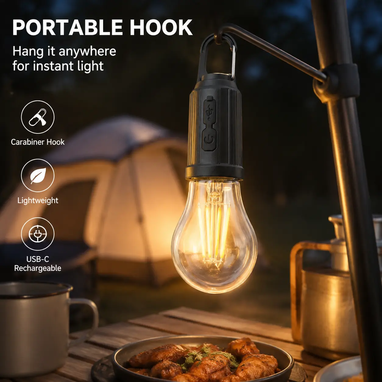 1 Count, USB-C Rechargeable Camping Lamp with Carabiner Hook, PC Lampshade, Warm Light for Camping Fishing Outdoor Home Use