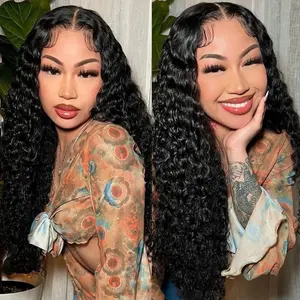 URody Deep Wave 13x6 Hd Transprent Lace Frontal Wis Human Hair 13x4 Lace Fronatl with Drawing One-step Pre Plucked Pre Bleached Curly Wig