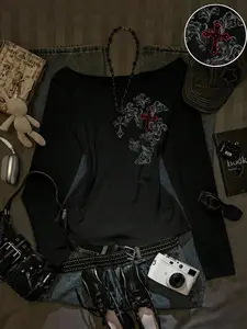 Women's Off-Shoulder Long Sleeve T-Shirt, Loose Fit Asymmetrical Design, Soft Knit Fabric, Y2K Street Style, Cross Print