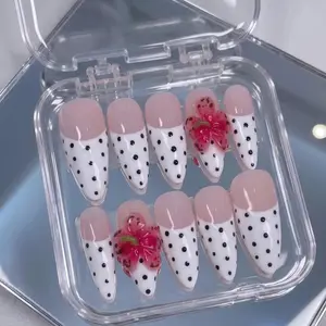 3D Hibiscus Flower Press On Nails | Polka Dot French Tip | Tropical Vacation Handmade Nail Set