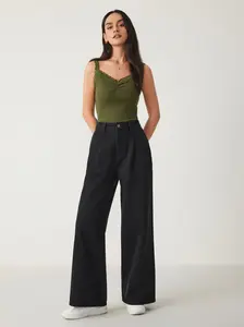 Denim High Waist Pleated Straight Leg Jeans