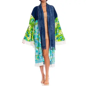 MORPHEW COLLECTION Blue & Green African Indigo Vintage 70S Floral Duster Beach Coat