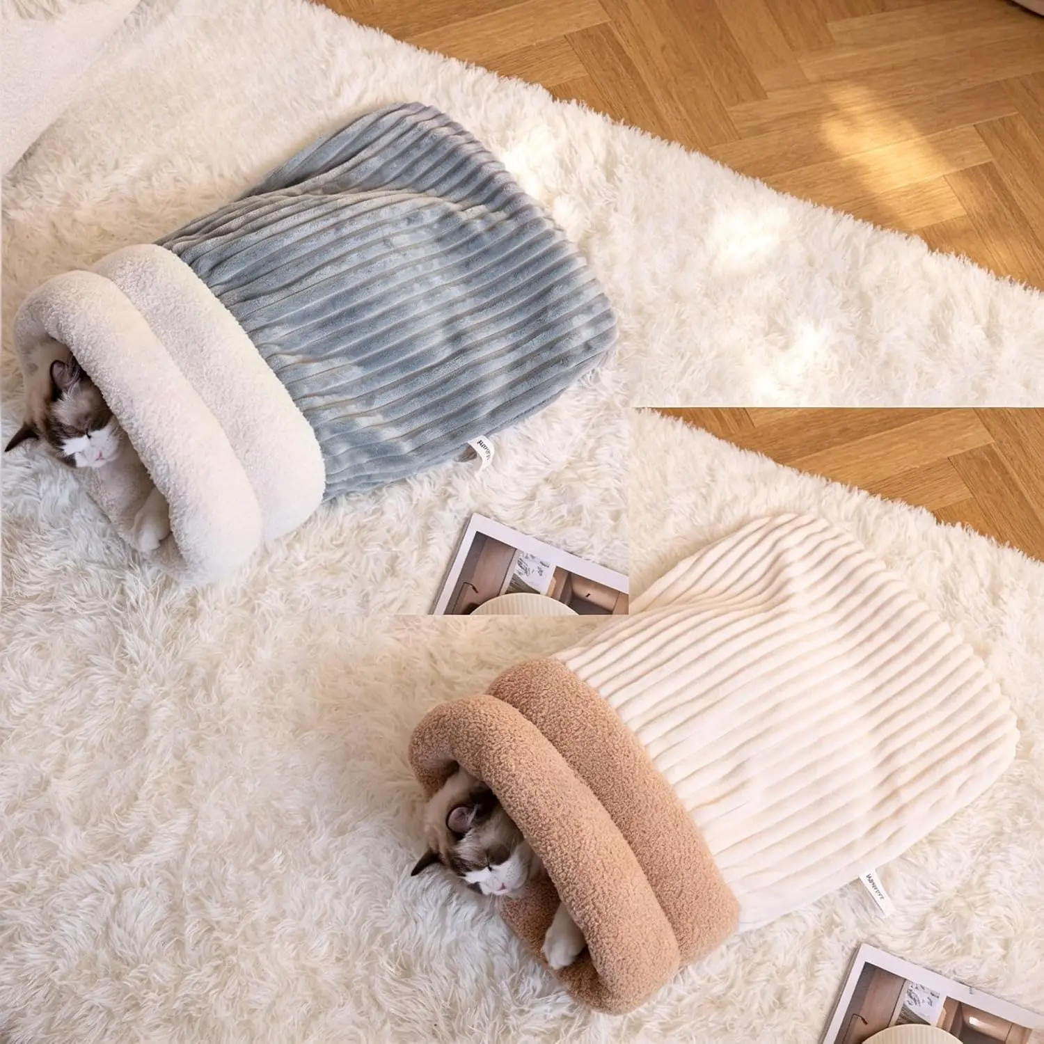 2pcs Self Warming Burrow Cat Bed Soft Plush Indoor Pet Cave Sleeping Bag for Small Cats Dogs