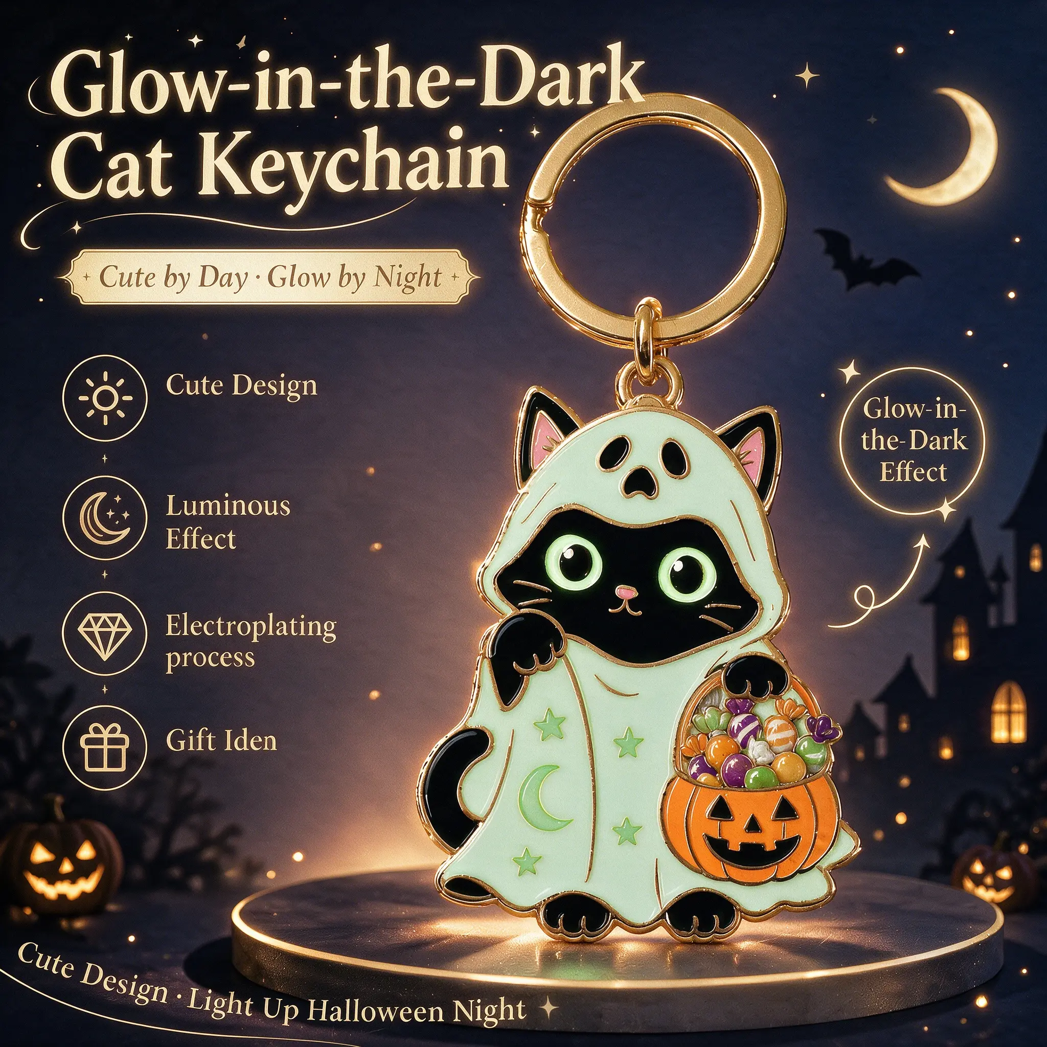 Glow-in-the-Dark Electroplated Cute Cat Keychain - Halloween Costume Jewelry Charm, Luminous Bag Accessory for Cat Lovers