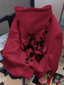 Women's Hooded Drawstring Sweatshirt, Skull & Poker Print, Comfortable Casual Fall Winter Top, Loose Fit Daily Wear, Gothic Printed Hoodie