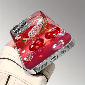 Gorgeous Red Cherry Diamond Rose Pattern Phone Case for iPhone 16 Pro Max, 16, 15 Pro, 14 Plus/14 Pro Max, 13, 13 Pro, 12 Pro, 11/11 Pro Pro Max HD Glass Protective Case with Lens Protector