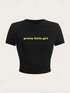 Women's "pretty little girl" Letter Print Crop Tee, Casual Short Sleeve Round Neck T-shirt, Ladies Summer Clothes for Daily Wear