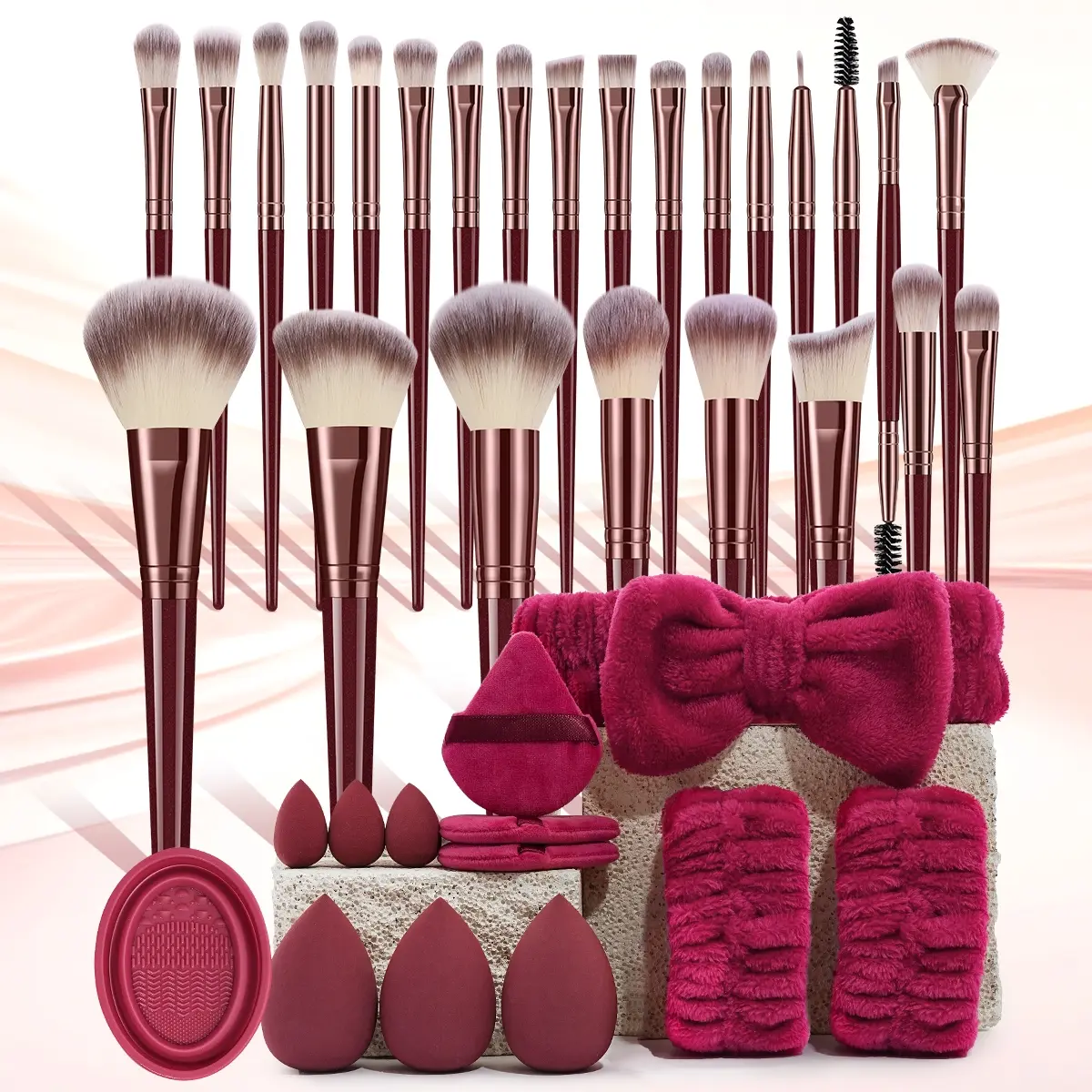 38pcs Makeup Tool Set, Makeup Brushes Kits, Includes 25pcs Makeup Brushes, 3pcs Makeup Sponges, Mini Sponges, Triangle Puffs, Hairband, Hand Bowls, Cleaning Brush
