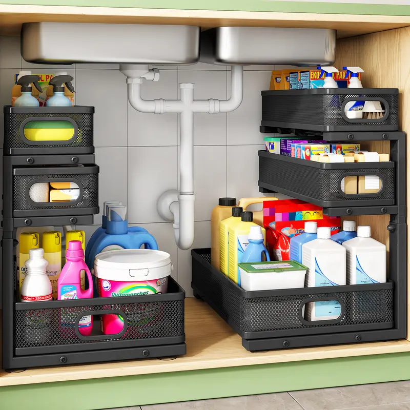 Kitstorack Under Sink Organizer, 3-Tier Height Adjustable Thickened Metal Pull out Cabinet Organizer Shelf, Slide out Storage Drawer Rack for Bathroom Kitchen Pantry Home Laundry Organization