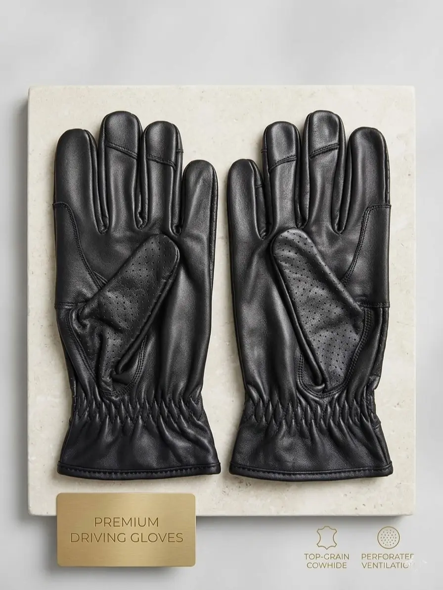 Premium Driving Gloves - Top-Grain Cowhide, Perforated for Ventilation, Black Leather, Comfortable Fit