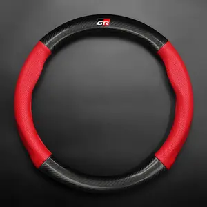 For Toyota Yaris GR GAZOO Racing Logo Auris Pruis RAV4 TRD Carbon fiber car steering wheel cover, breathable and sporty, all season universal anti slip and wear-resistant handle cover
