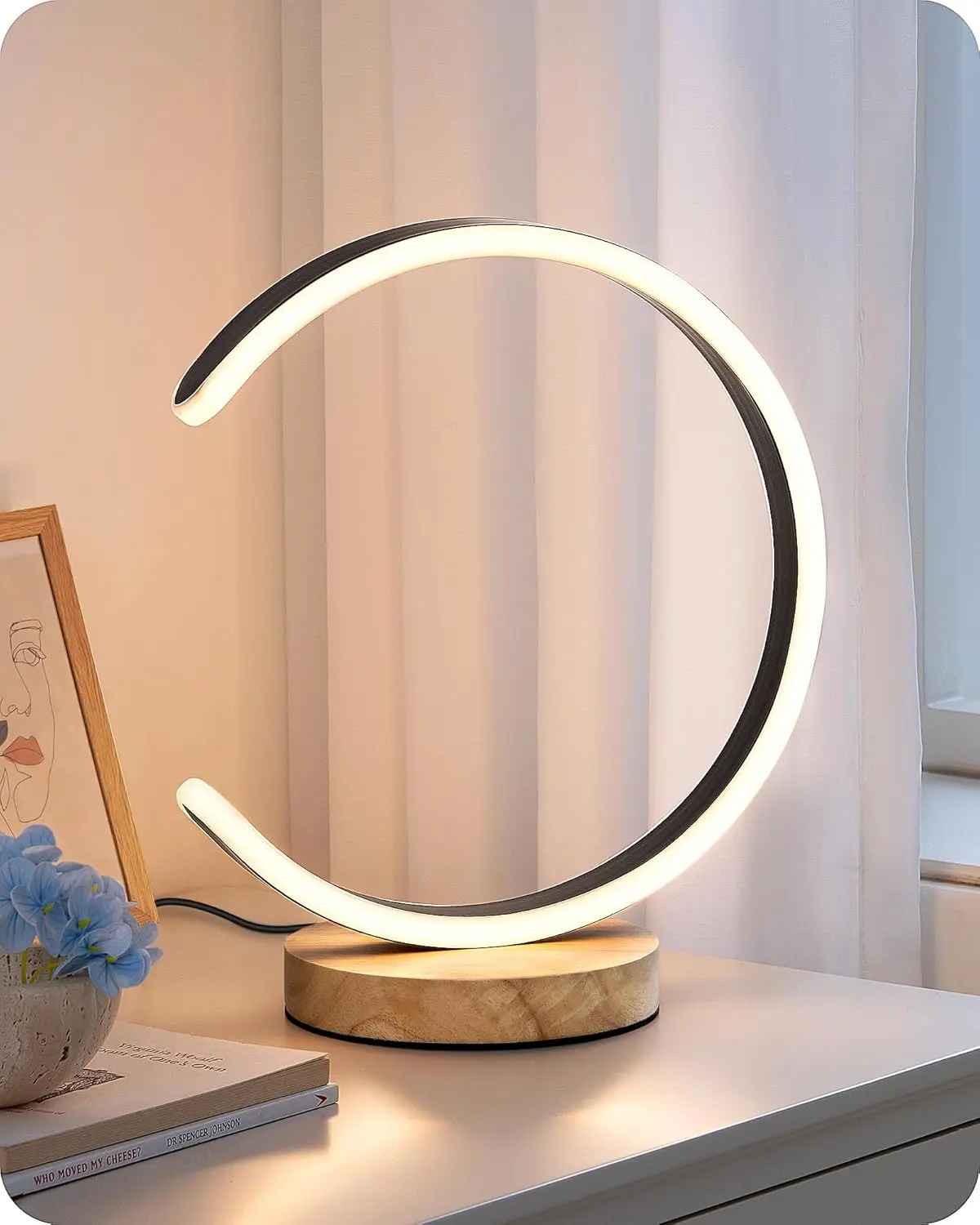 EDISHINE LED Table Lamp, C-Shaped Modern Lamps for Nightstand with 3 Color Temperature & Dimming, Upgraded Switch, Silicone Lampshade & Solid Wood Base, Bedside Lamp for Living Room, Bedroom, Black,summerwins