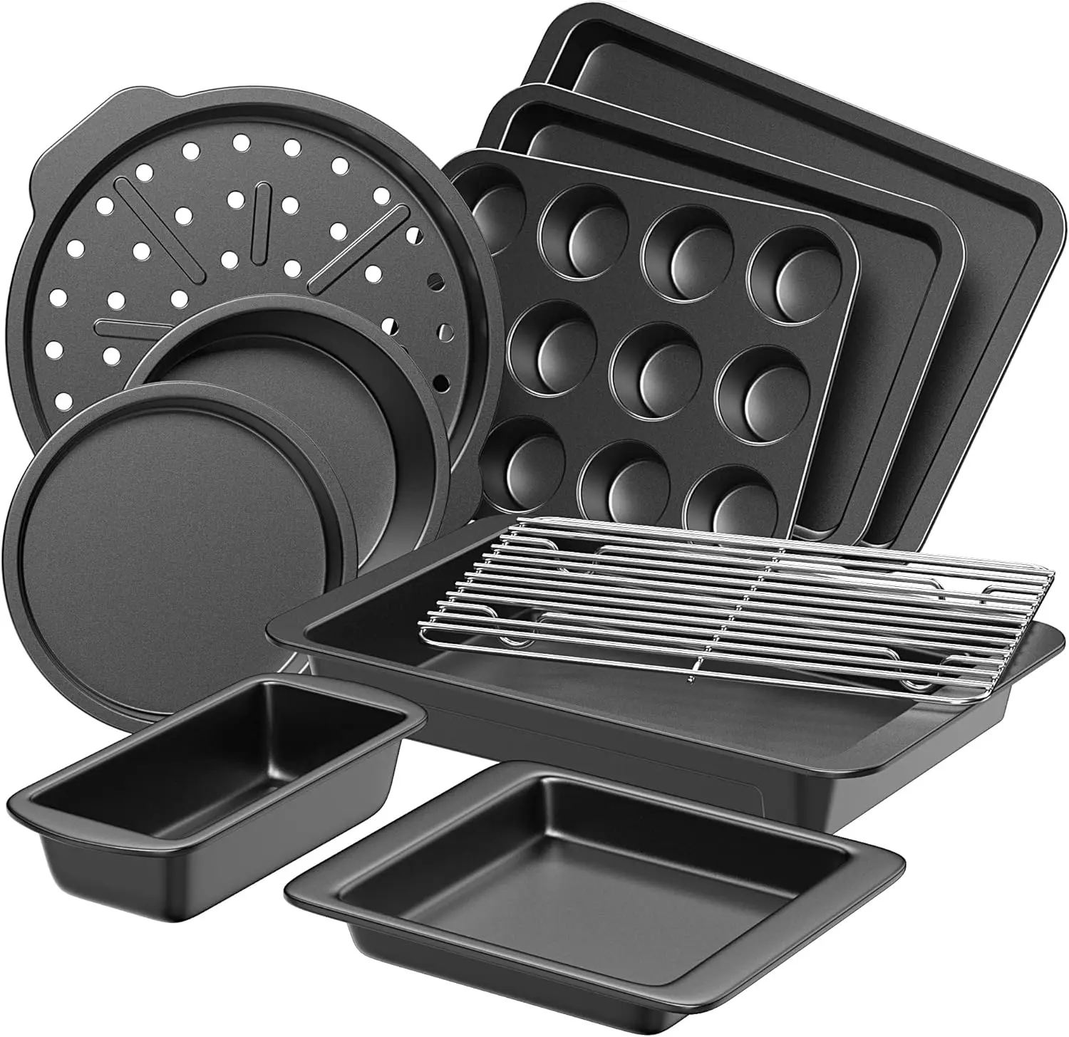 10-Piece Nonstick Bakeware Set with Rack – Carbon Steel Baking Pans for Oven, Cookie Sheet, Muffin Pan, Pizza Pan, Cake & Loaf Pans – Dark Gray