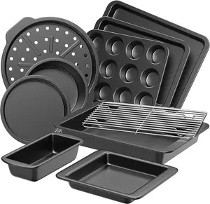 10-Piece Nonstick Bakeware Set with Rack – Carbon Steel Baking Pans for Oven, Cookie Sheet, Muffin Pan, Pizza Pan, Cake & Loaf Pans – Dark Gray