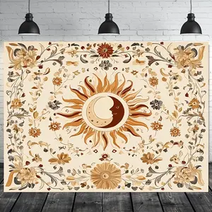 1pc Vintage Boho 2D Flat Sun and Moon Flowers Polyester Backdrop Tapestry - Durable, Versatile Wall Decor, No Electricity Needed, for Indoor-Outdoor Use, White