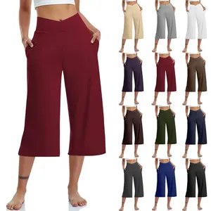 Women  Elastic High Waist 3/4 Pant Casual Active  Fit Wide Capris Leg Pants Trousers With Pockets Pants for Women Womens Pants Girl Fashion Blue Red