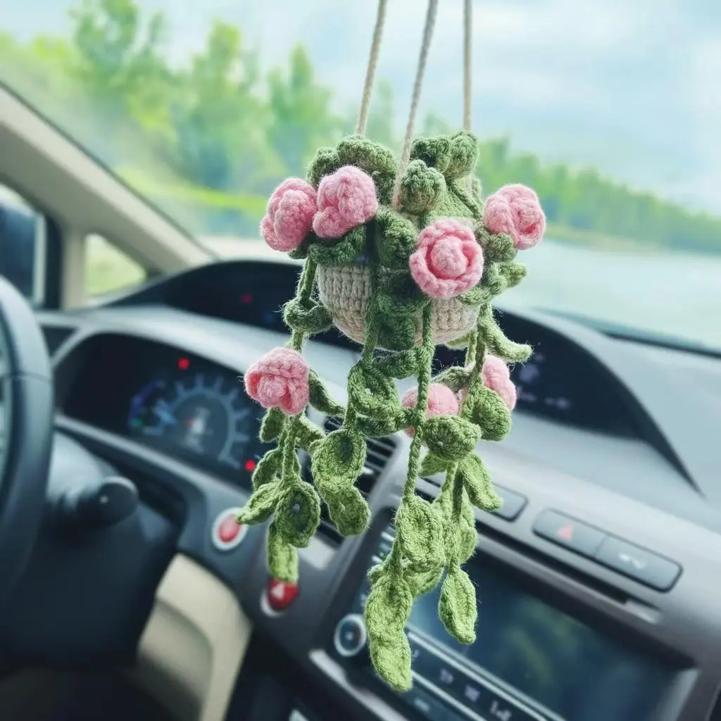Rose Crochet Rearview Mirror Accessory, Handmade Car Interior Hanging Decoration, Car Interior Accessories, Car Accessories Cute, Unisex Ornament, Car Ornaments, Valentine's Day Gift