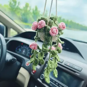 Cute Rose Crochet Rearview Mirror Accessories, Car Interior Accessory, Handmade Car Mirror Hanging Decorations, Unisex Car Ornament, Valentine's Day Gift