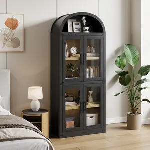 Tall Arched Bookcase Cabinet with Glass Doors, 4-Tier Slim Storage Bookshelf, Freestanding Modern Display Cabinet for Entryway, Living Room & Home Office