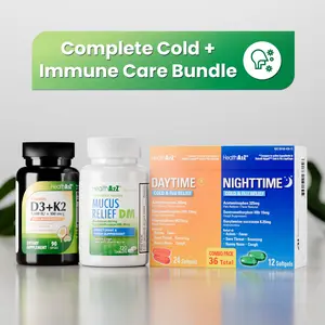 HealthA2Z Complete Cold + Immune Care Bundle - Daytime and Nighttime Cold & Flu Relief Combo Pack (36 Count, Pack of 1) - Mucus Relief DM (120 Count, Pack of 1) - Vitamin D3 + K2 Virgin Coconut Oil (Natural MCTs, 90 Softgels, Pack of 1)