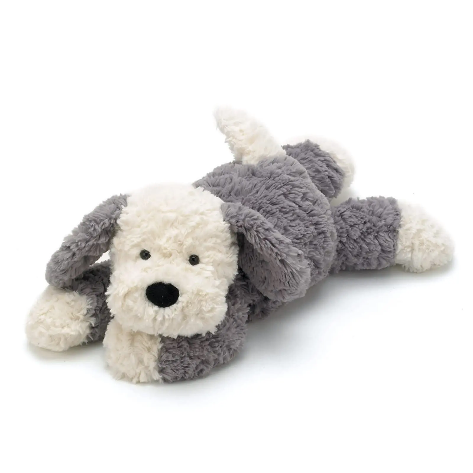 The Jellycat Tumblie Sheepdog (Medium, 13.8 inches/35 cm) features a soft, floppy design, distinctive two-tone grey and cream shaggy fur, and incredibly adorable drooping ears—making it perfect for bedtime cuddles or as a gift.
